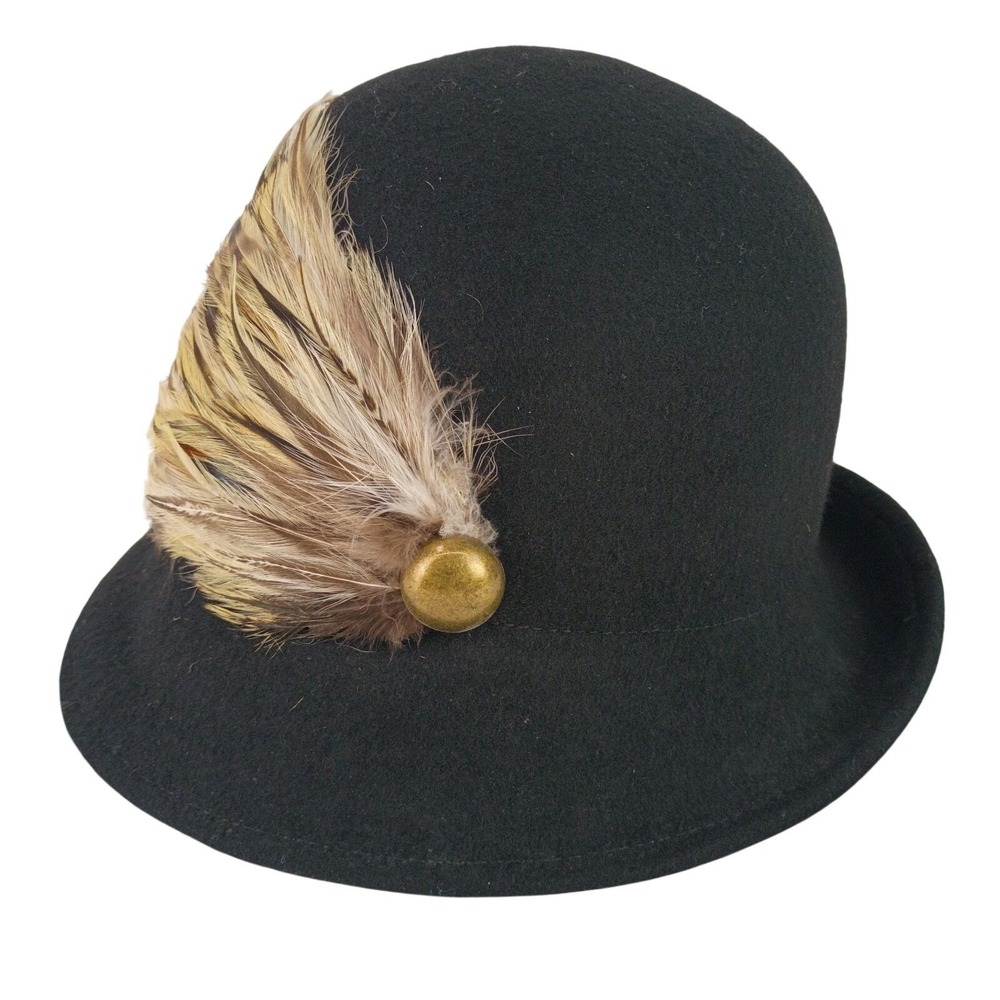 Jessica Simpson Womens One Size Wool Cloche Hat Black Felt Feather Accent Retro